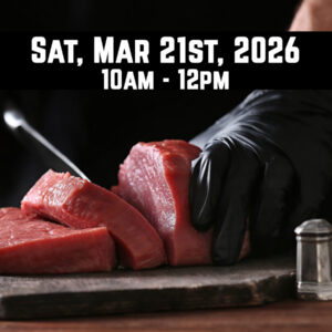 Person's hands with black gloves holding a chef's knife, cutting slices of steak.