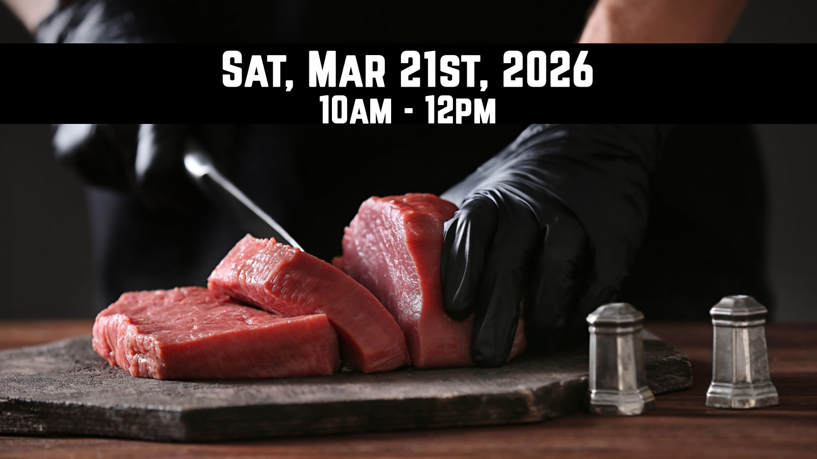 Person's hands with black gloves holding a chef's knife, cutting slices of steak.